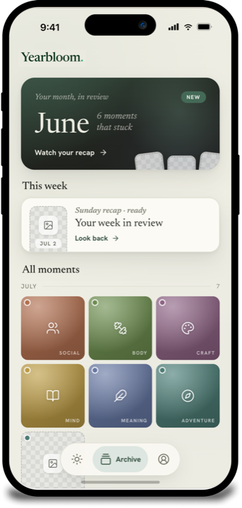 Yearbloom Archive screen with monthly recap