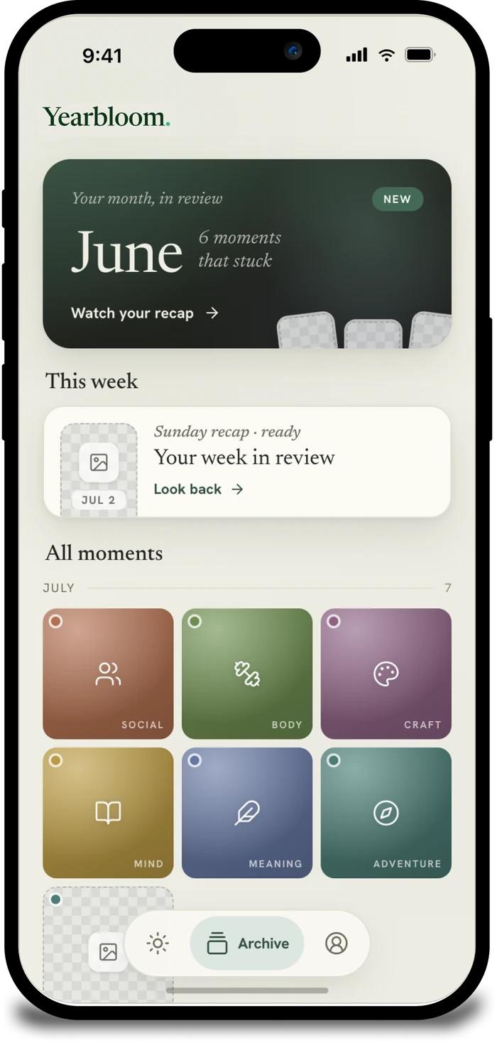 Yearbloom Archive screen with monthly recap